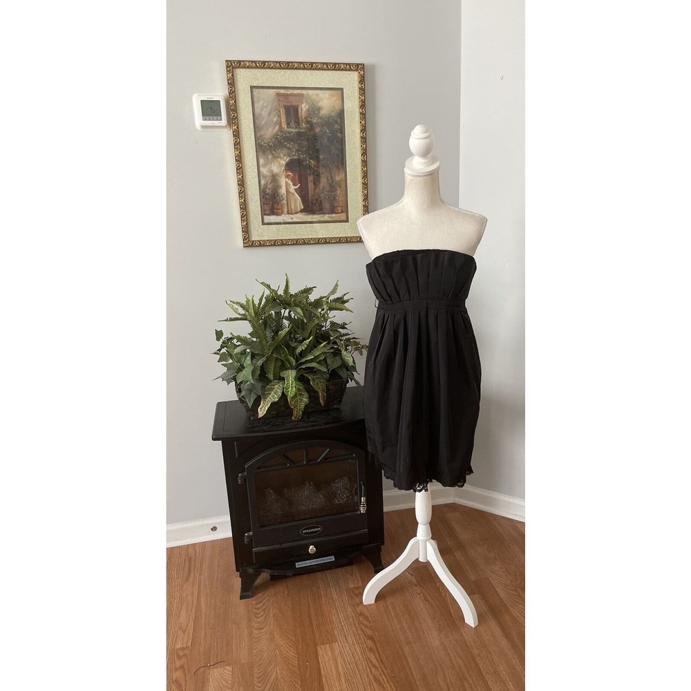 BCBGeneration Dress 8 Black Zipper Back Pleated Strapless Trim Lace Pocket Side